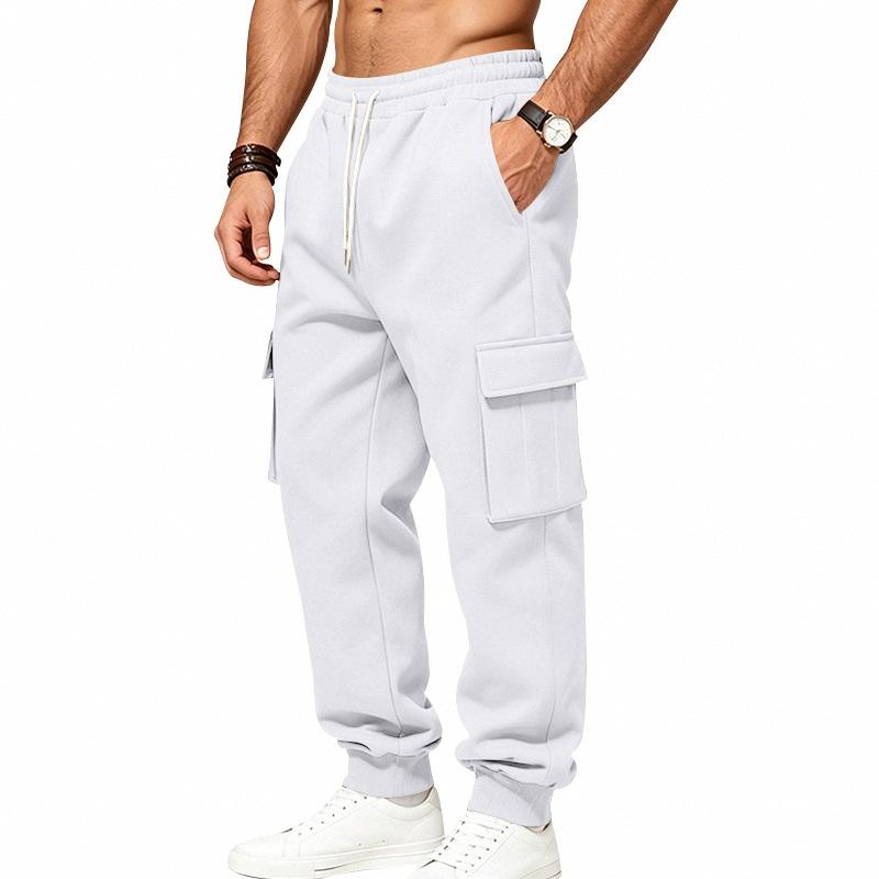 Men S Fleece Lined Cargo Sweatpants Drawstring Waist Multi Pockets Jogger Pants