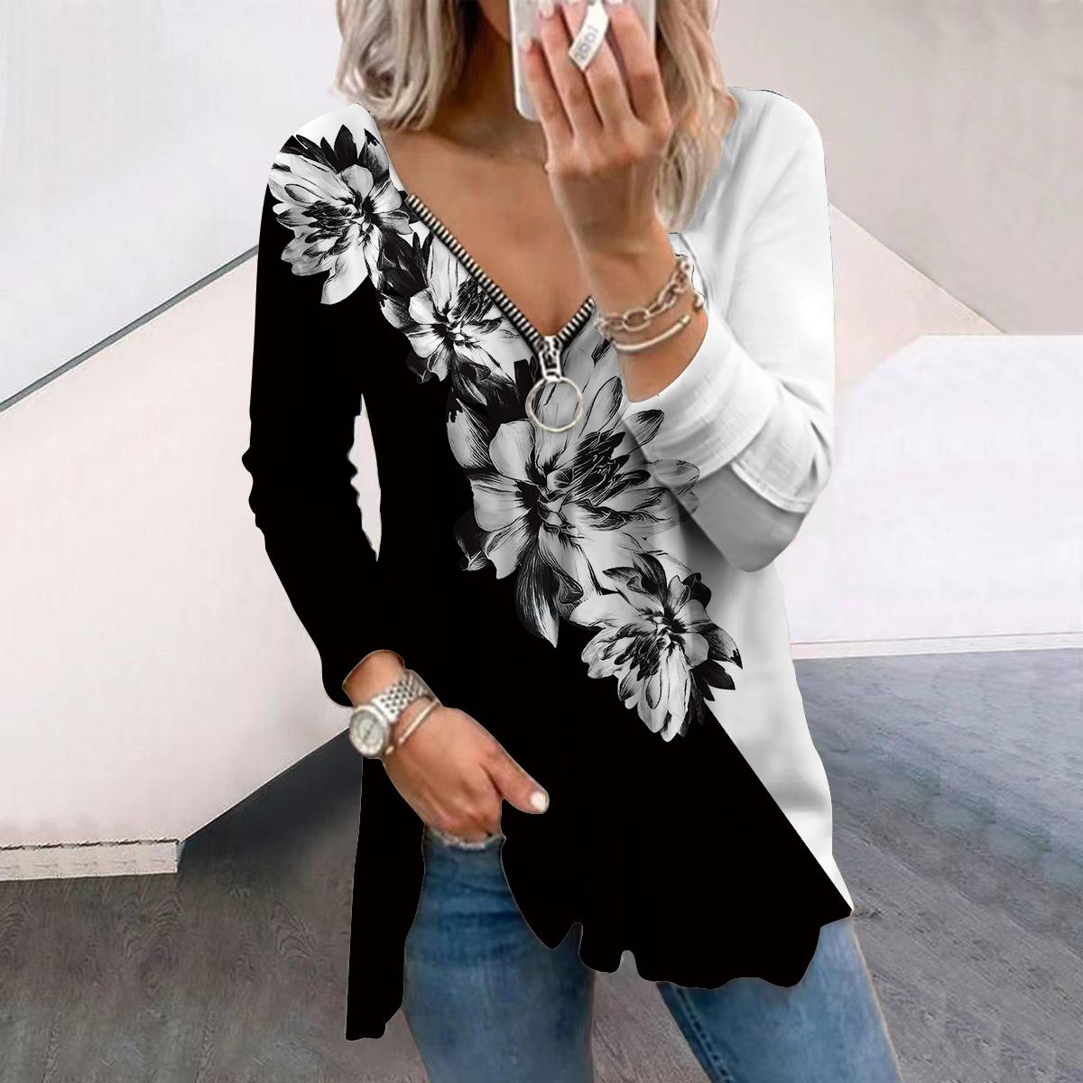 

Женские осенние цветочные белые изогнутые цветочные футболки с длинным рукавом, свободные футболки с V-образным вырезом больших размеров, удобные блузки 2XL серый