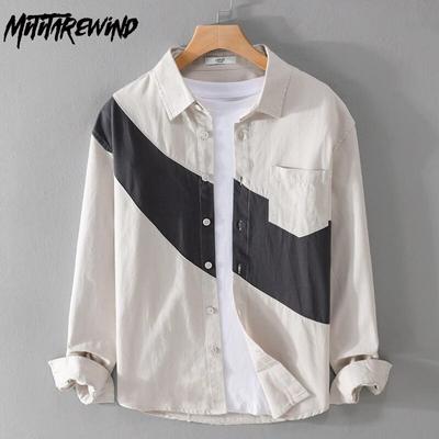 Spring Summer Casual Cargo Loose Shirt Youth Fashion Mens Shirts Long Sleeve Pure Cotton Shirt Stitching Contrast Color Shirt