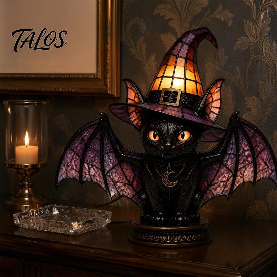 Vintage Carved Base Nightstand Lamp Black Cat Witch Hat Table Lamp, with Dreamy Purple Light, Gothic Retro Halloween Ornament, for Bedroom Bedside