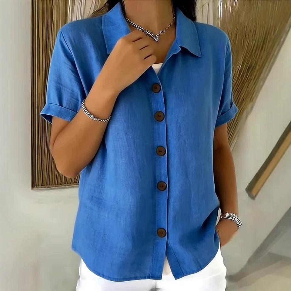 New Summer Women s Solid Color Casual Shirt, Comfortable, Loose, Breathable Short-Sleeve Top S синий