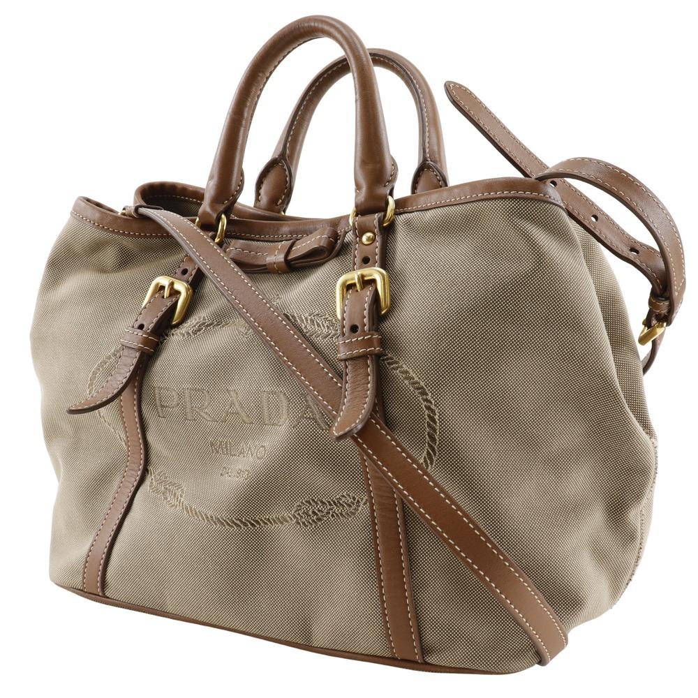 Prada Logo Handbag BN1841 2WAYShoulder Beige Canvas/leather Women Used