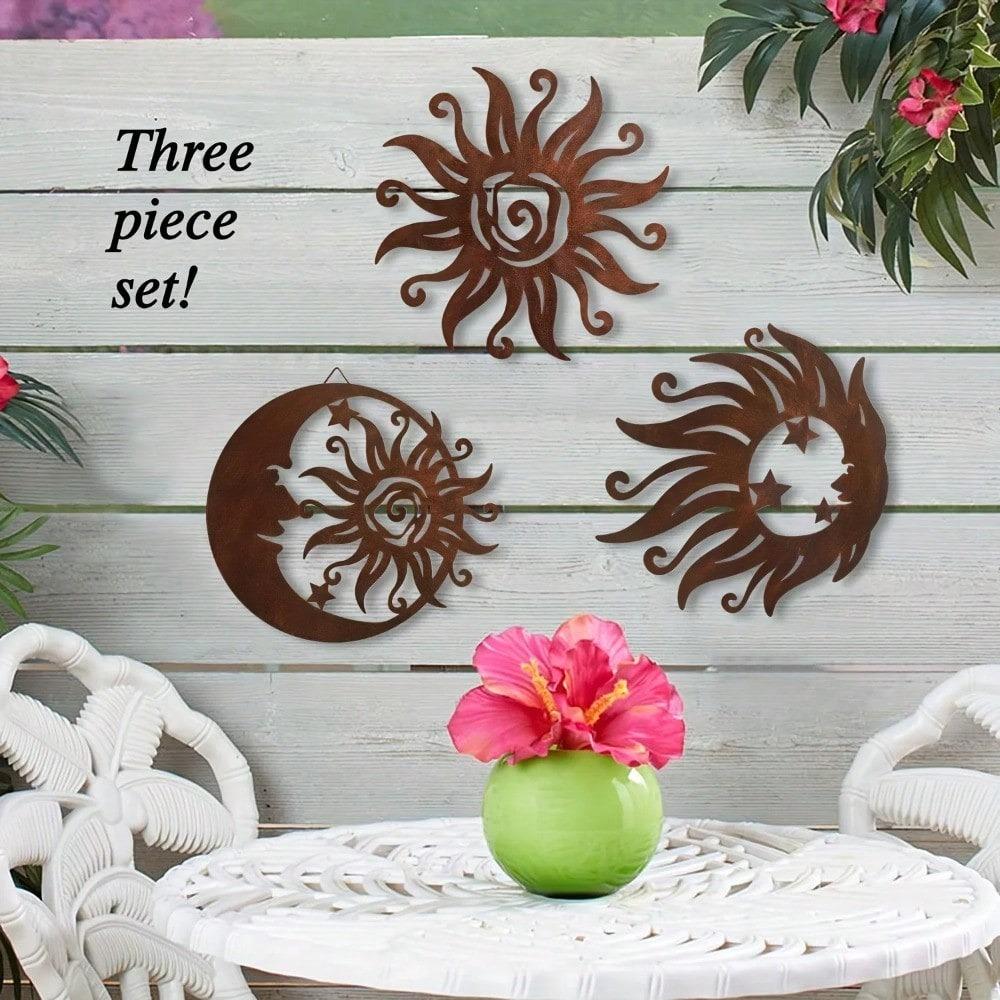 Wrought Iron Sun Wall Art 3 Pieces, Silhouette Sunburst Sculpture, Metal Hanging Decor for Living Room Bedroom
