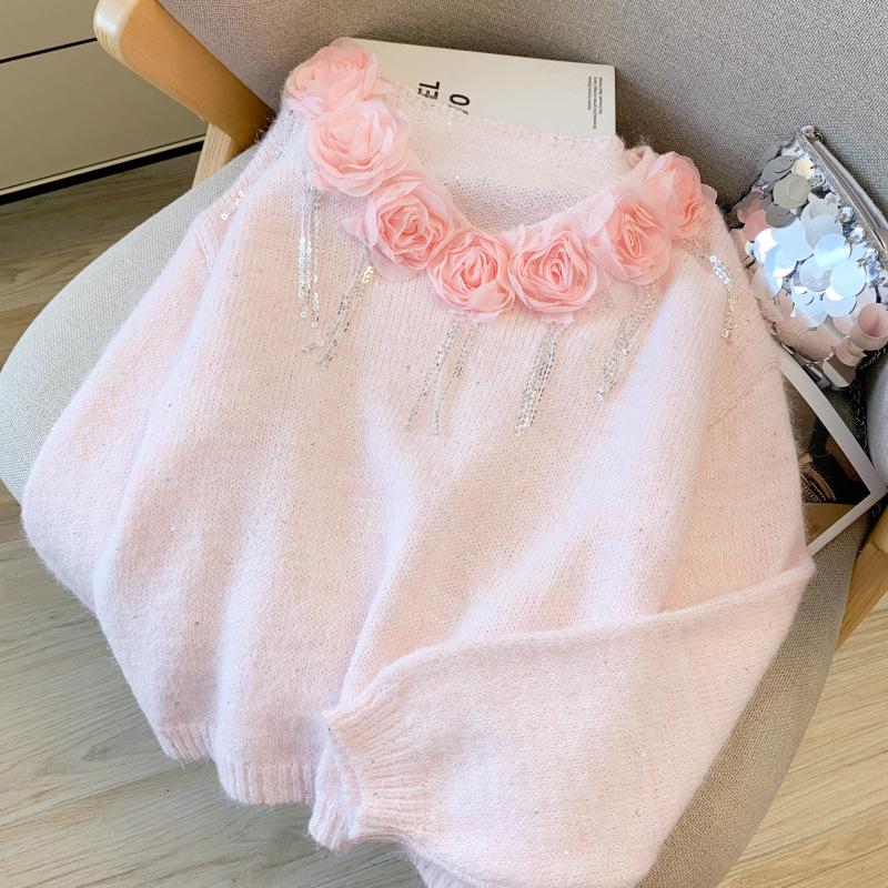 2026 Spring/Autumn Women's V-neck 3D Floral Rhinestone Pullover - Versatile Loose-Fit Long-Sleeve Top