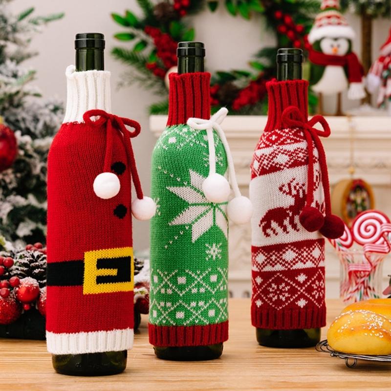 3Piece Festival Snowflake Knits Wine Bottle Sleeves Wine Bottle Cover For Christmas Celebration Festival Wine Dress