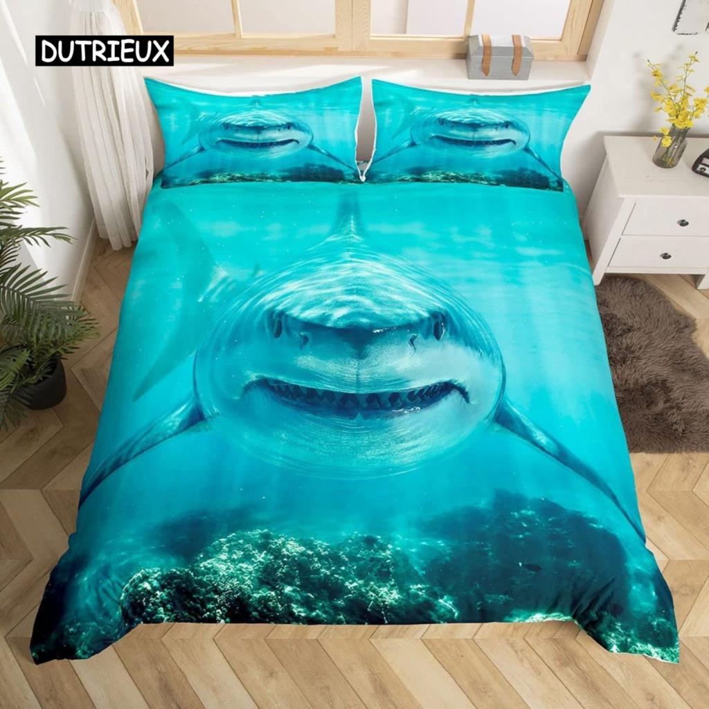 Shark Duvet Cover Set Deep Sea Animal Bedding Set Cartoon Ocean Sharks Colourful Hand Drawn Comforter Cover For Kids Boys Girls