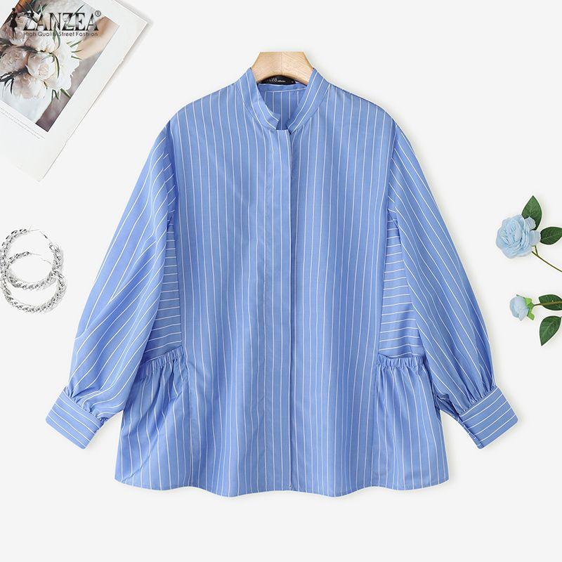ZANZEA Women Casual Stand Collar Loose Long Sleeve Stripe Blouse