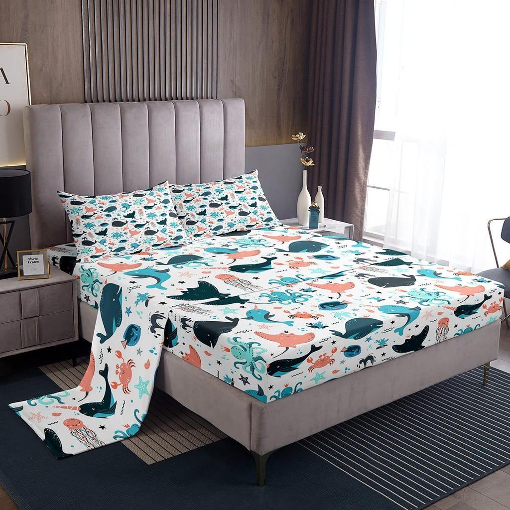 Cartoon Marine Animal Pattern Bed Hat Four-Piece Bedding Set Bedroom Dormitory Bedding Decoration