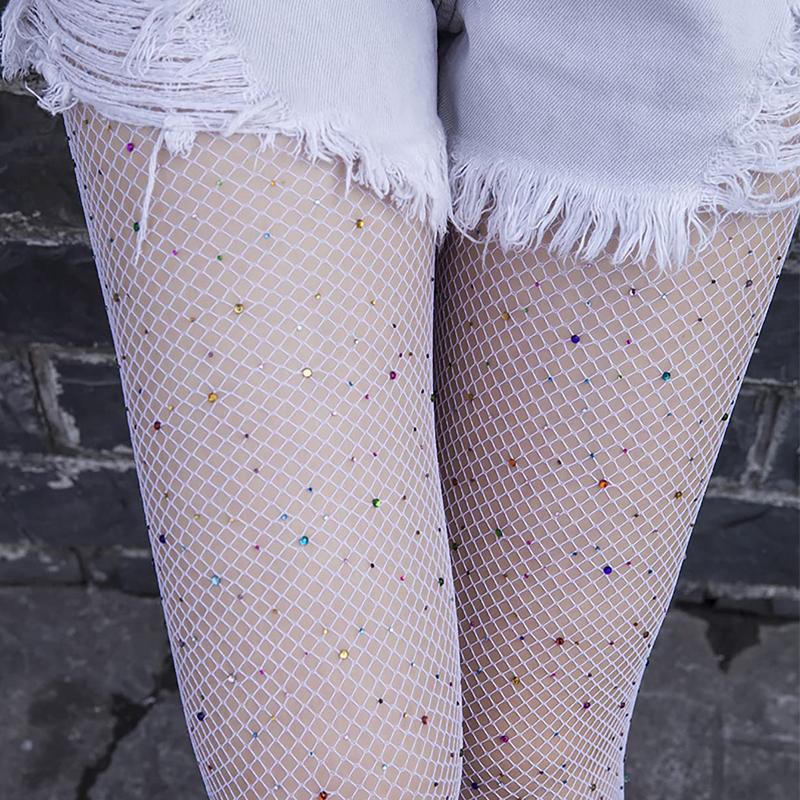 Shiny Transparent Thermal Fishnet Stockings Women's Fashion Mesh Pantyhose with Multicolored Rhinestone Design