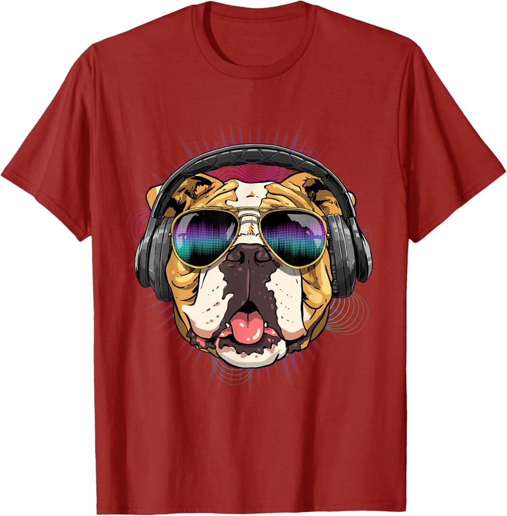 Music Bulldog DJ Headphones Graphic Tee Men Casual Cotton Short Sleeve T-Shirt