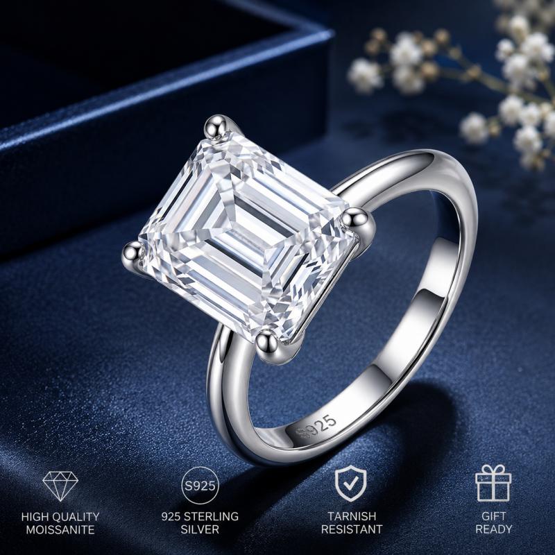 Minimalist Style S925 Stersling Silver White 5CT Emerald Cut 4-Prong Promise Ring VVS Moissanite Solitaire Ring for Women