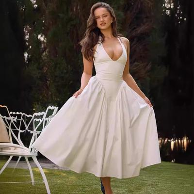 Summer Women's Sexy Halter-neck Deep V-neck Sleeveless Solid Color Slim-fit Backless Mid-length Dress