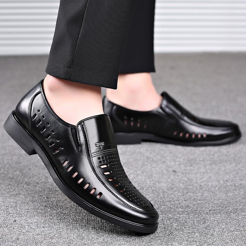 Leather Sandals Men'S Genuine Leather Men'S Business Dress Hollow Brown Deodorant Cowhide Hole Middle-Aged And Elderly Father Shoes