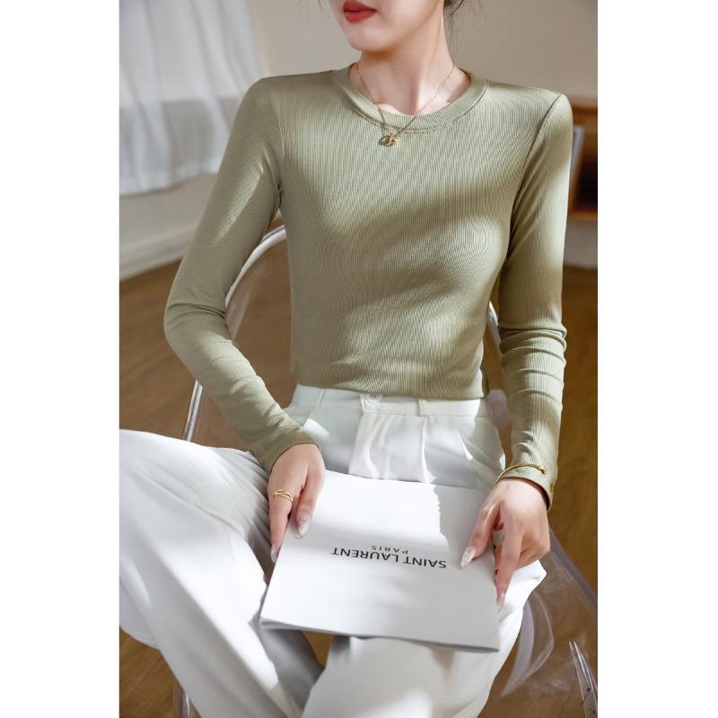 Women High Elastic Ribbed Crew Neck Long Sleeve Slim Fit Base T Shirt Top