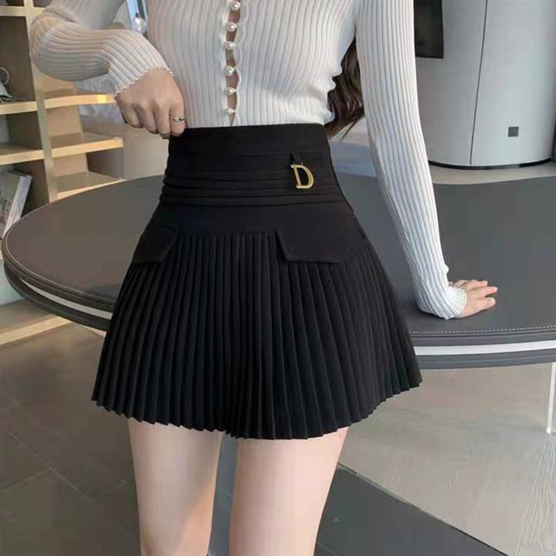 Black White Pleated Skirts Casual Slim College Women Korean Elastic High Waist Mini Metal Letter D A-line Skirts Clubwear