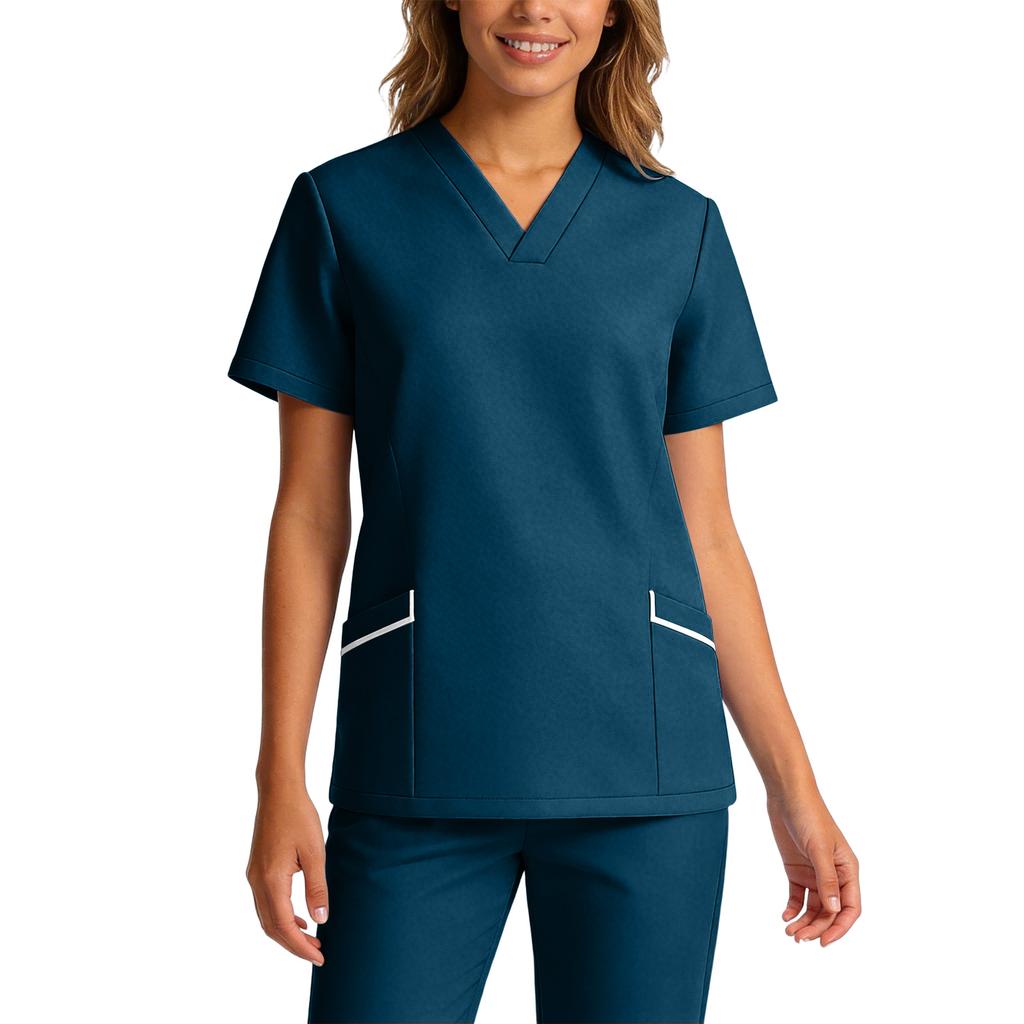Women's Elastic Quick-Drying V-Neck Pocket Short-Sleeve Caregiver Work Uniform