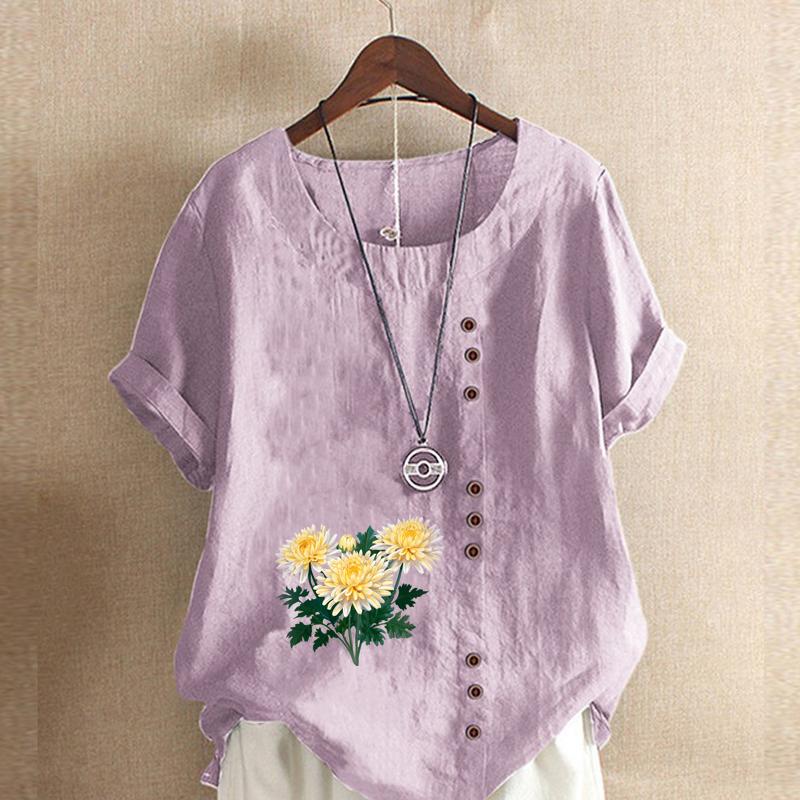 Women's Fashion Chrysanthemum  Prined Round Neck Short Sleeve T-shirt Casual Cotton Linen Graphic Shirt Leisure Loose Summer Blouse Tops