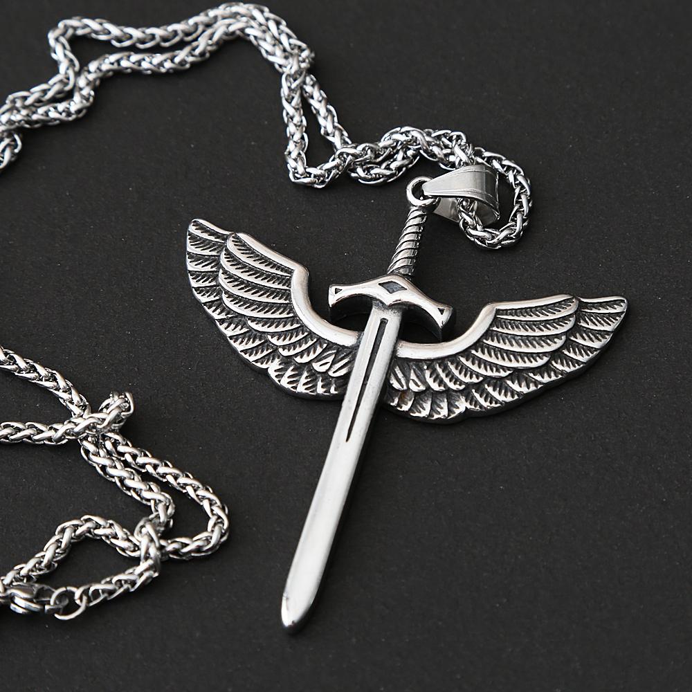 Vintage Angel Holy Sword Stainless Steel Cross Necklace for Men Fashion Jewelry Angel Wing Necklace Pendant Punk Men Chain