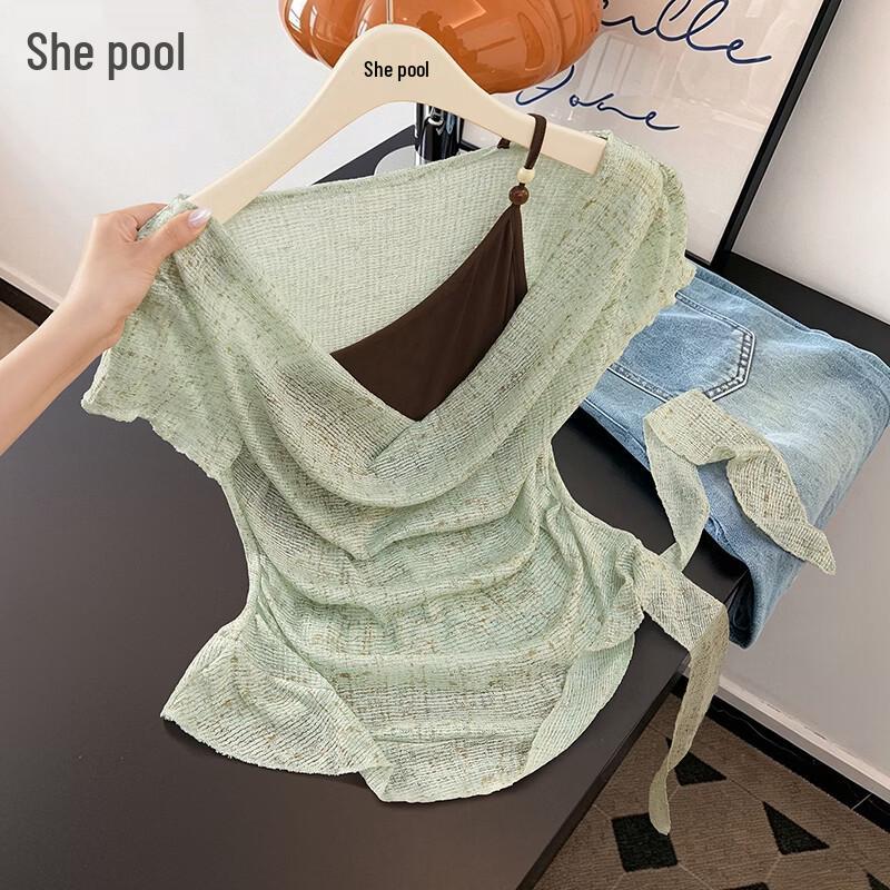 Women s Faux Two-Piece Ruffle Cowl Neck T-Shirt One Size