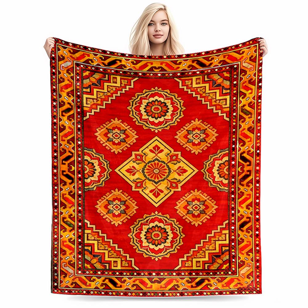 Geometric Patterned Red Blanket with Floral Motifs and Ethnic Design Blanket, Suitable for Use In the Bedroom, Living Room, On the Sofa