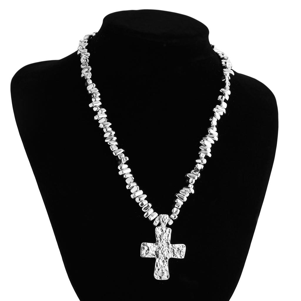 Y2K Hiphop Irregular Block Bead Necklace for Men Women Vintage Irregular Texture Cross Pendant Necklace Men's Jewelry Gift