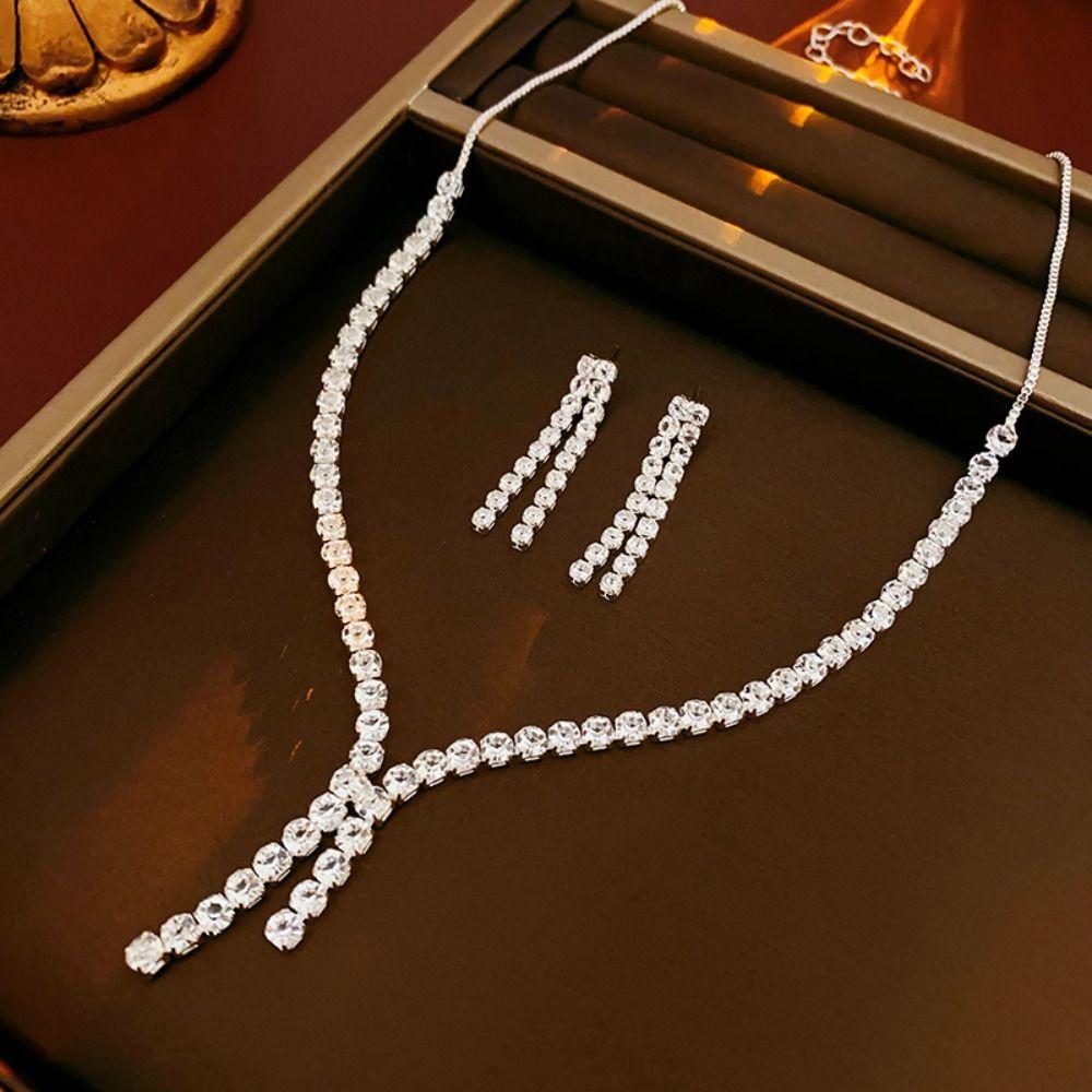 

Rhinestone Tassels Crystal Jewelry Set Necklace Wedding Party Earrings Women срібний