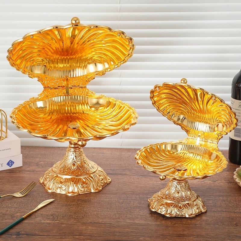 European Fruit Plate,Golden Alloy Exquisite Luxury Shell Shape Tall Feet Tray,Food Snack Candy Disc,Wedding Desktop Decoration