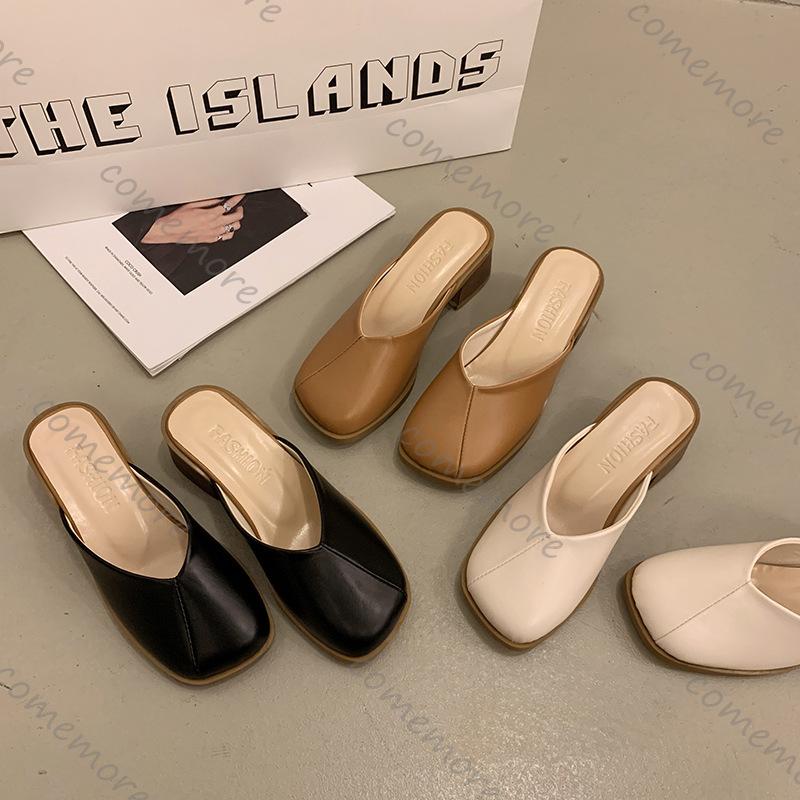 Fashion Comemore Woman Women Slip On Mules Baotou Slippers Casual Spring Summer Chunky High Heels Square Toe Solid Half Slipper Sandal