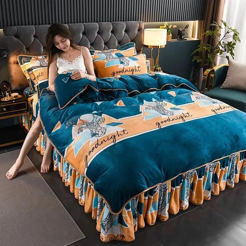 4pcs Bedding Set Fine Velvet Duvet Cover King Queen Size Thicken Quick Warm Coral Fleece Quilt Cover Bed Sheet Pillowcase