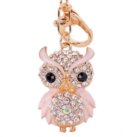 Nieuw Ontwerp Kristallen Uil Vol Strass Sleutelhangers Voor Vrouwen Tas Accessoires Schattig Dier Auto Tas Bedeltje beige