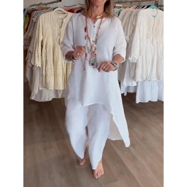 Summer Solid-colour Sophisticated-style Casual Cotton-linen Set for Women with Three-quarter Sleeves and Cropped Trousers