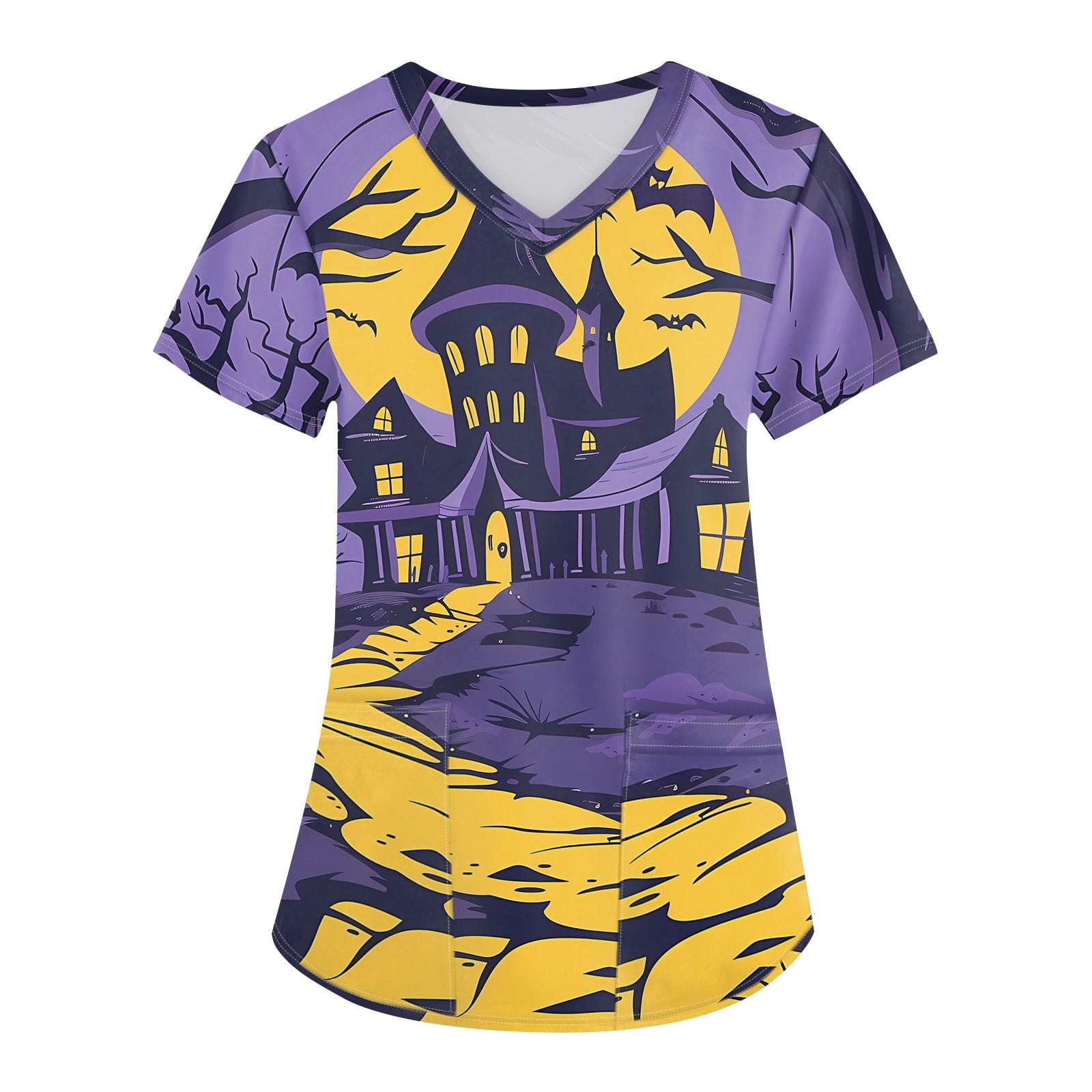 

Женская мода V-образным вырезом с короткими рукавами и карманами Топы с принтом на Хэллоуин XL