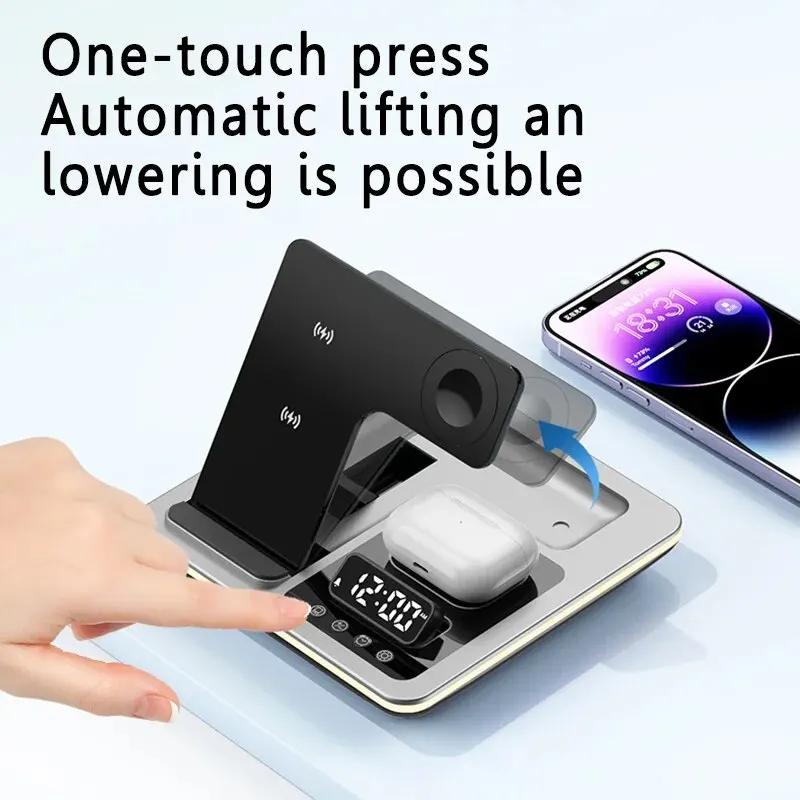 5 In 1 Wireless Charger Stand Alarm Clock LED Light Fast Wireless Charging Station Dock for iPhone 15 14 IWatch Airpods Pro