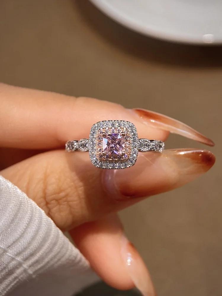 925 Sterling Silver Geometric Four Claw Square Fashion Pink Ring For Women Engagement Wedding Luxury High Quality Fine Jewelry