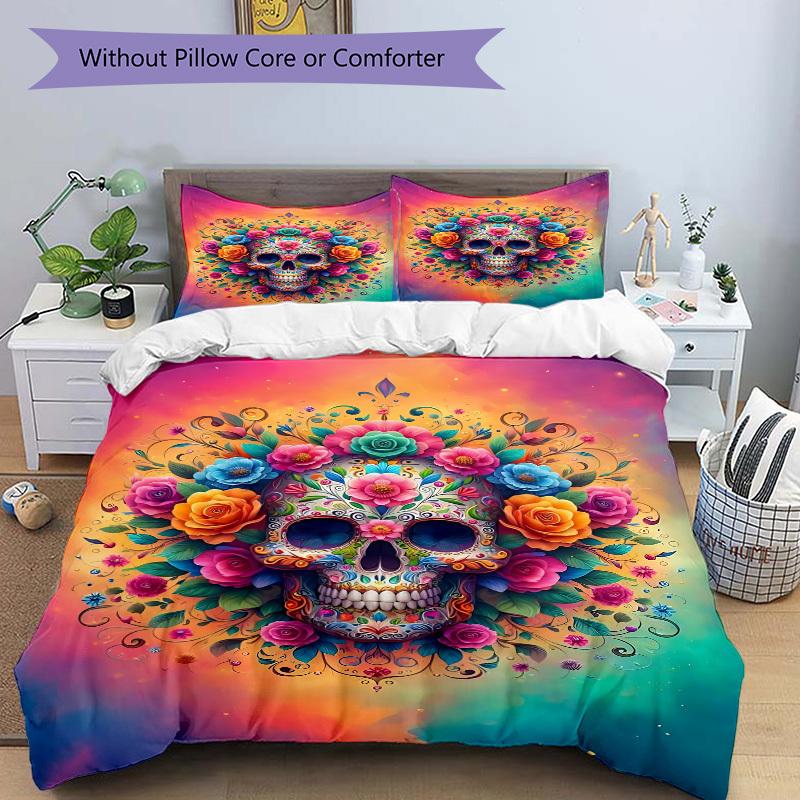3PCs Sugar Skull Artwork Design Cover Set, Breathable Fabric, Machine Washable (1 Duvet Cover + 2 Pillowcases) (Without Quilt) Yy250911079