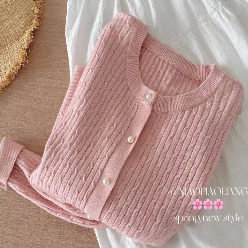 

Autumn new temperament round neck twist knitted cardigan women s loose and thin versatile sweater One size fits all [recommended 80-60kg] розовый