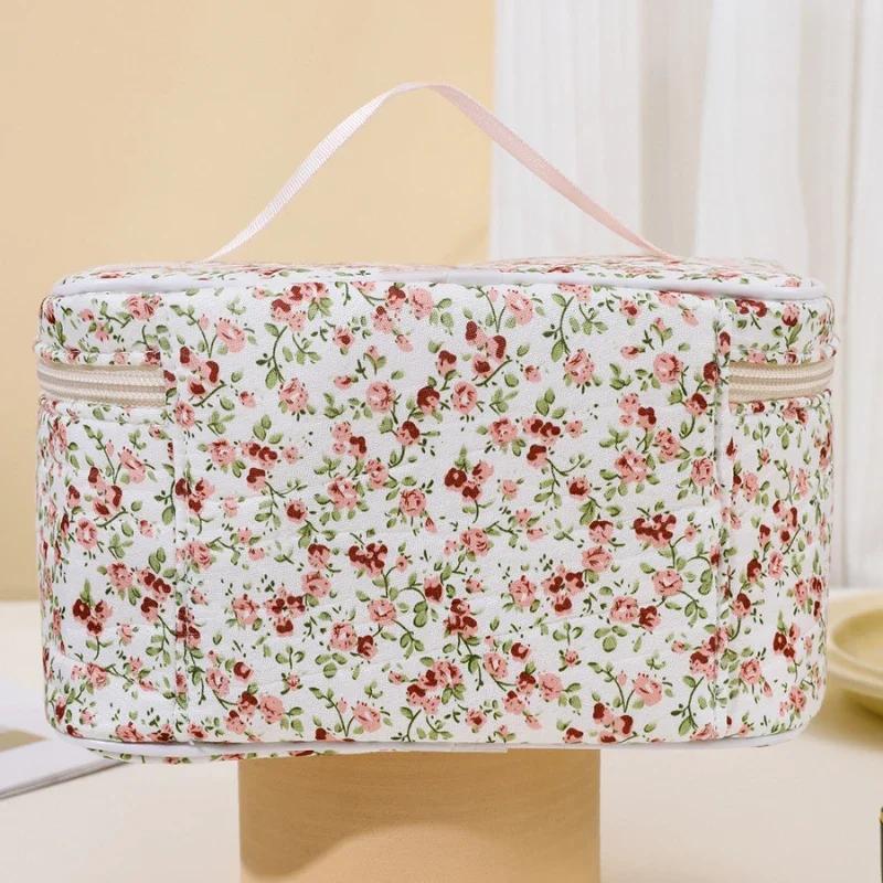 Damen Baumwoll Make-up Taschen Vintage Kosmetiktasche Blume Große Kapazität Tragbare Kosmetikaufbewahrung Handtasche Reiseorganisator Tasche