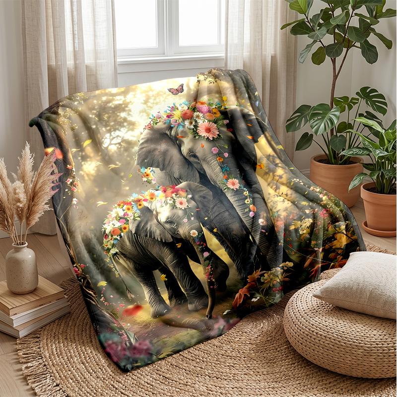 Flowered Elephant with Butterflies Theme Blanket Lightweight Warm Flannel Blanket Decorative Throw Blanket for Home Decoration