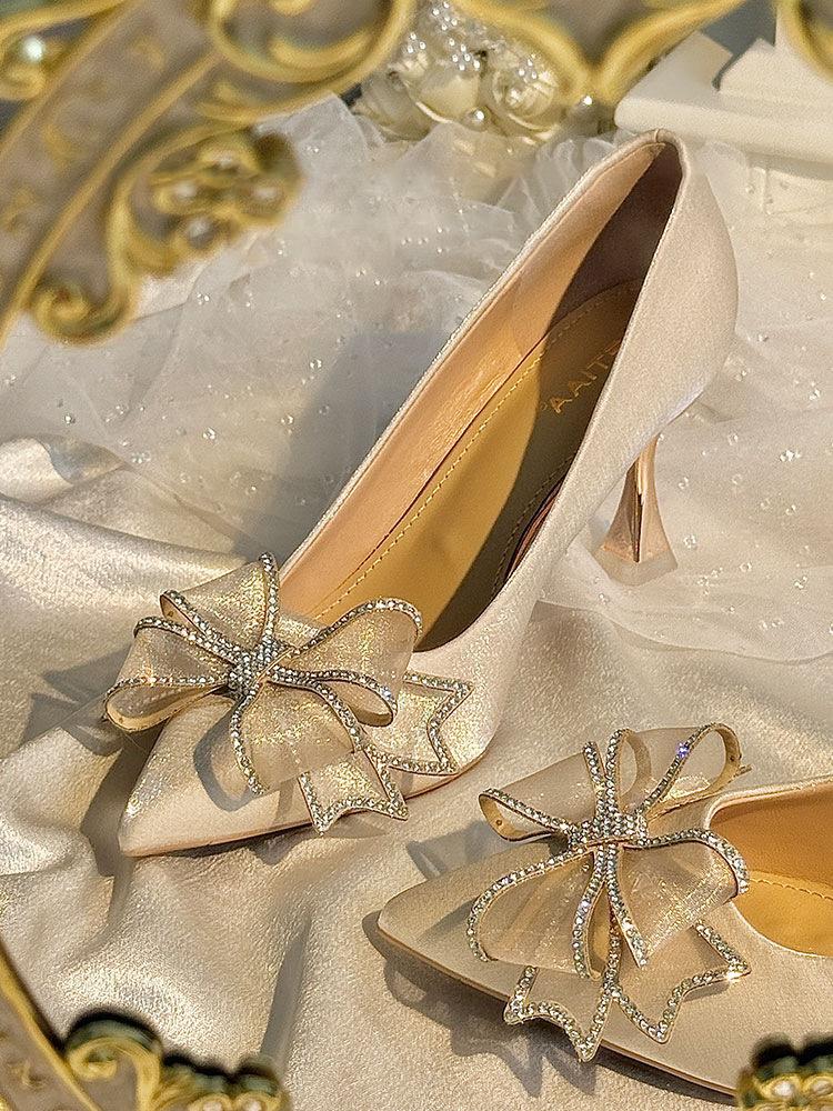 New rhinestone bow satin bag head sandals with high heels stiletto fairy style Roman shoes