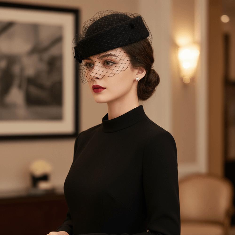 Mesh Wool Bow Hat with Veil Solid Color Topper Hat Fashion Pillbox Hat Ladies