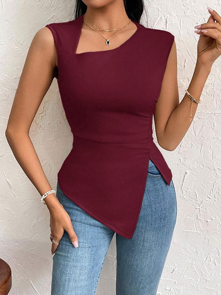 Women's Elegant Asymmetrical Neck Slim Fit T-shirt - Spring/Summer Pure Color Top