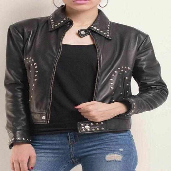 NOORA Women's Black Lambskin Leather Cropped Hot Jacket, Biker Modern Stylesh Classic Leather Jacket, Party Wear Studed Jacket