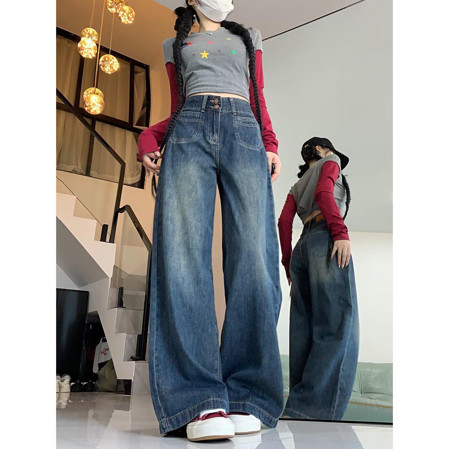 

YS Yuan Sen 2024 Early Autumn Women s Plus Size High-Waisted Wide-Leg Deep Blue Jeans XL серый