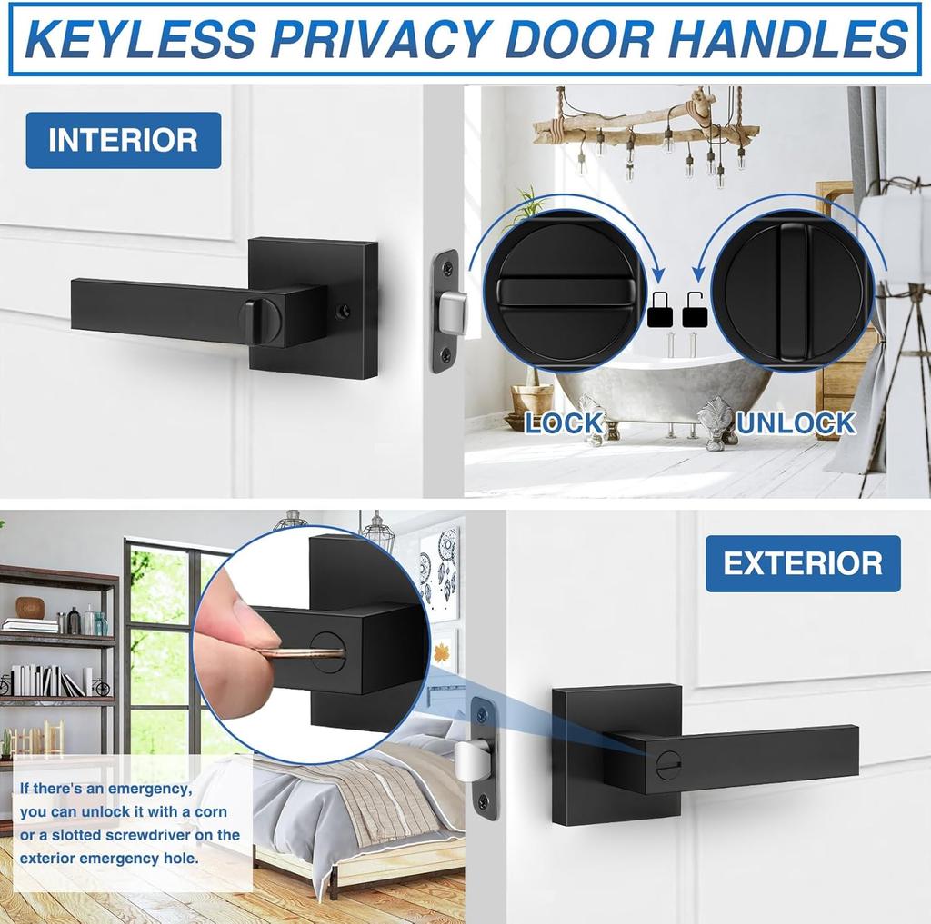 Black Door Handles Interior Door Knobs, Keyless Privacy Door Lock, Heavy Duty Zinc Alloy Door Leverset for Bedrooms Bathrooms