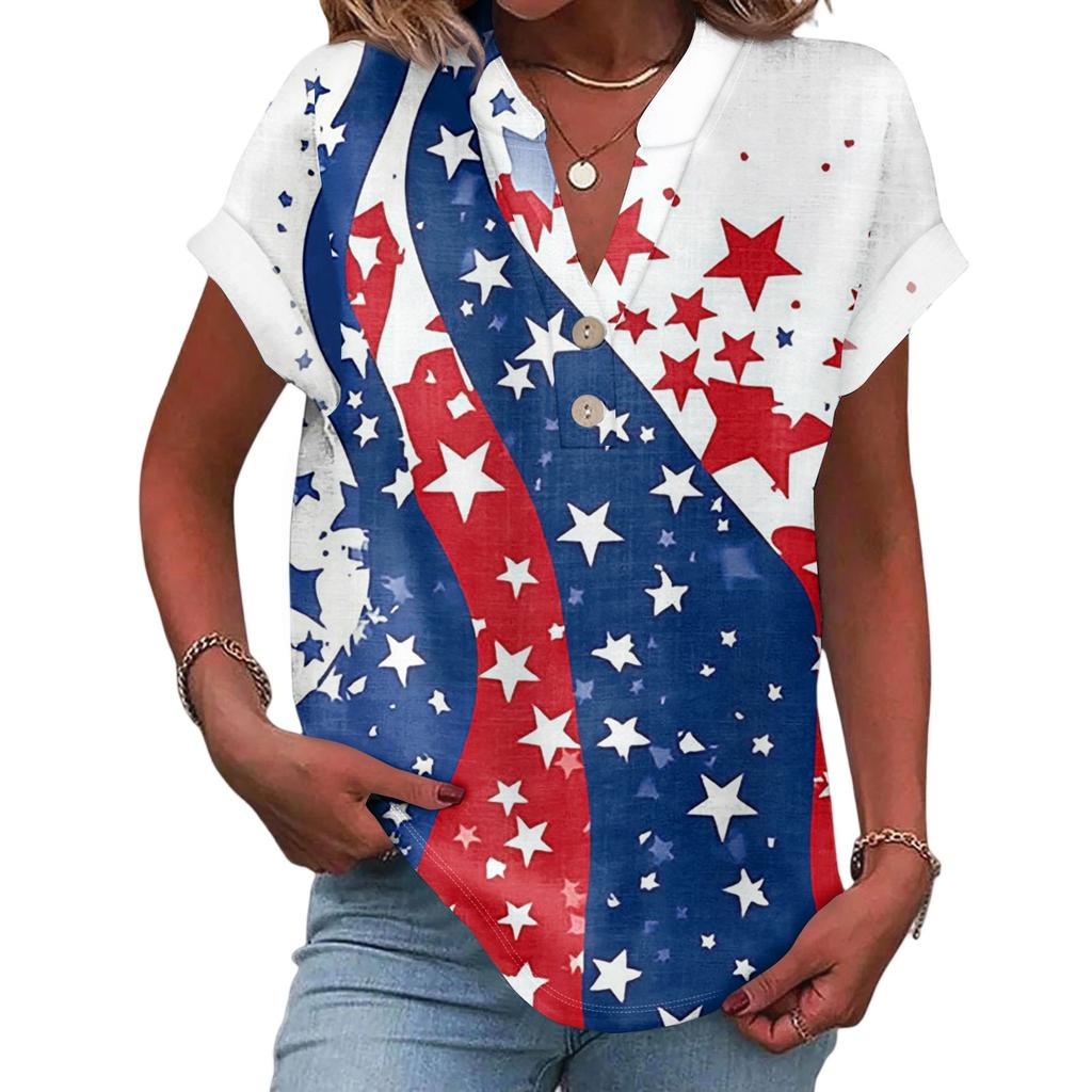 Women's Casual Fashion V-Neck Button Independence Day Print Short Sleeve Top