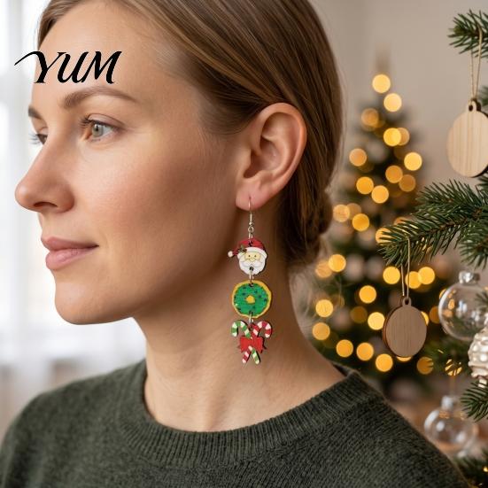 Christmas Fashion Jewelry 1 Pair Wooden Dangle Drop Earrings for Women, Cute Santa Holiday Wood Gingerbread Candy Cane Earrings, Vintage Winter Party