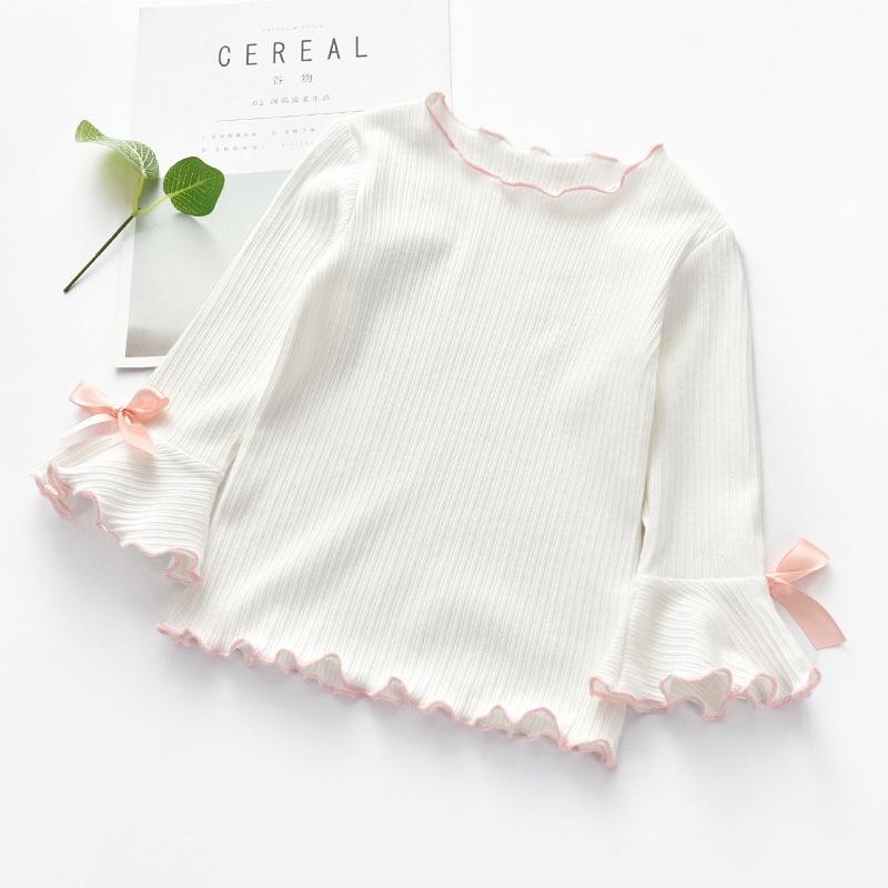 Autumn Spring Fashion Girl Long Sleeve T-Shirt with Ruffle Edges for Kids Soft and Warm Solid Color Children Casual Clothes Tops