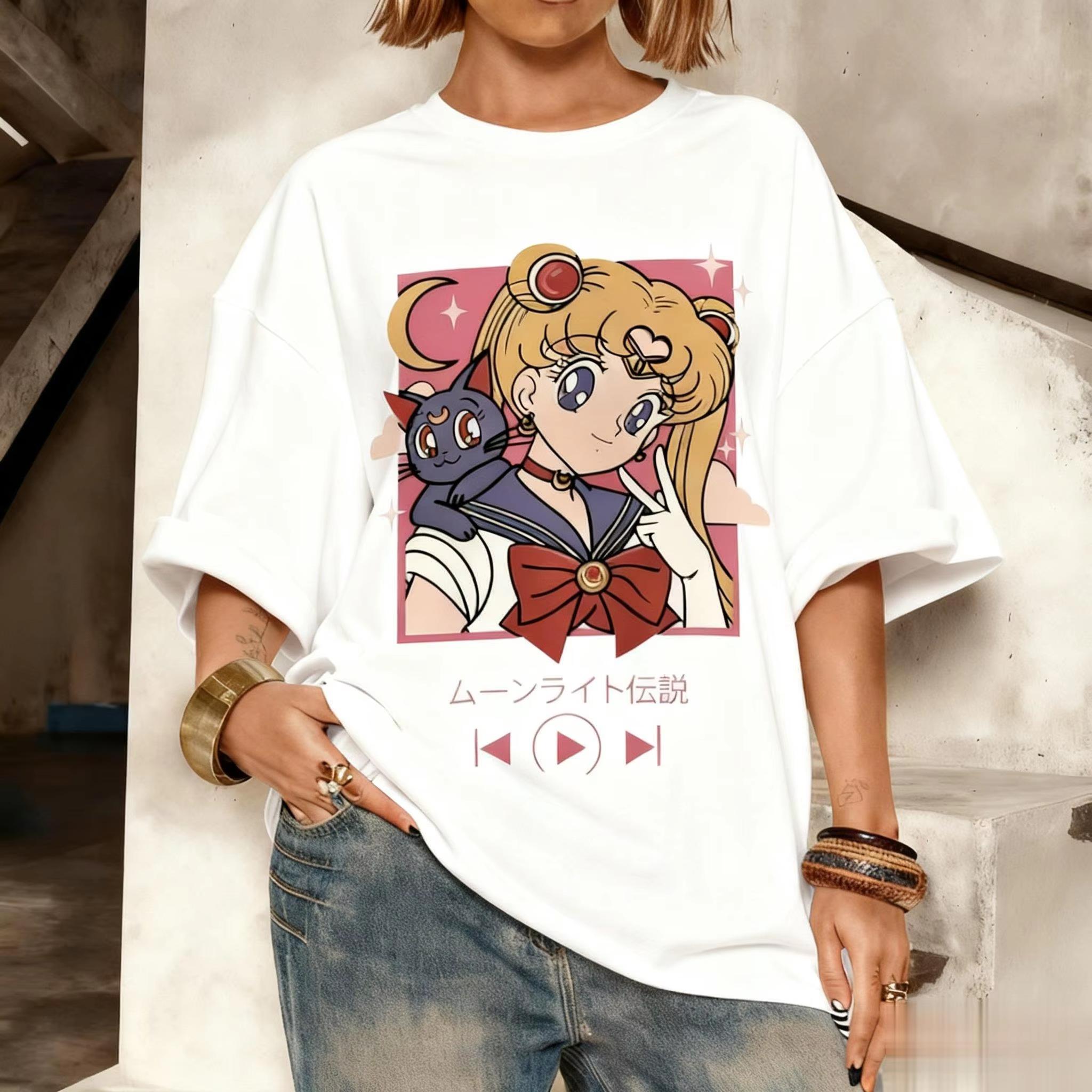 

Streetwear Kawaii Sailor Moon Graphic Cotton Tshirt Unisex Women Anime Print Short Sleeve Tee Casual Summer Fashion Y2k Clothes S