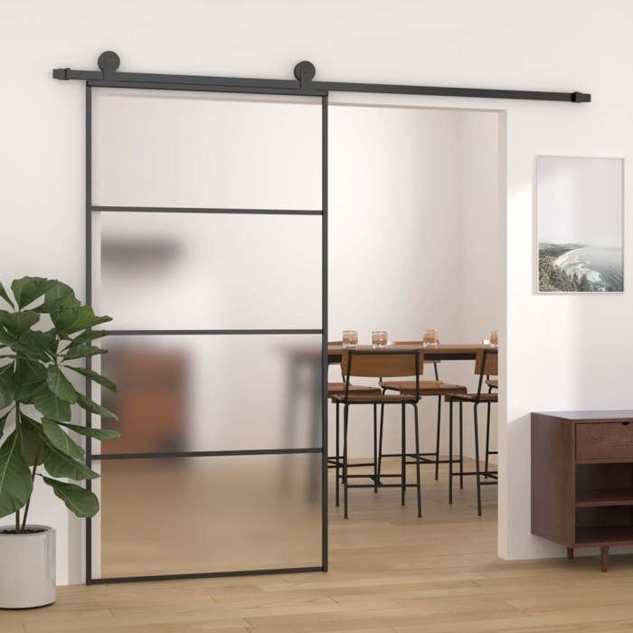 VidaXL Porte Coulissante Porte de Grange Porte d'Intérieur Système de Porte Maison Butée de Porte Verre ESG Dépoli Aluminium 151663