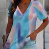 Damen V-Ausschnitt Kurzarm Oberteil Blau Rosa Lila Farbverlauf Batik Print Bluse